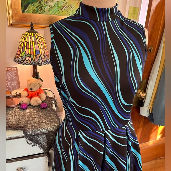 Kalijati Fit and Flare Dress L Black Blue Swirl Stretch Dressy Business VGUC - Picture 2 of 5